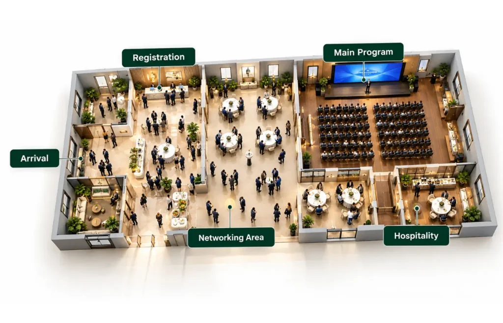 Corporate event planning in Dubai with venue layout and guest flow.