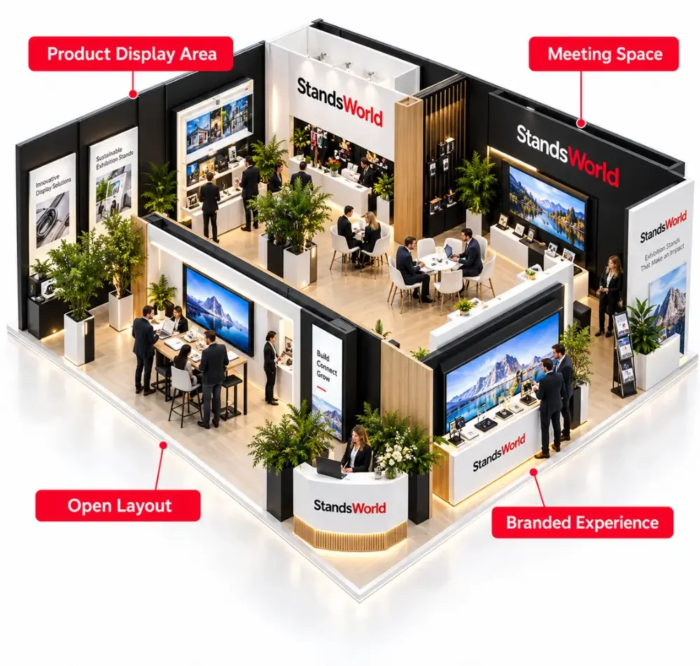 Custom trade show booth design with product displays and meeting areas.
