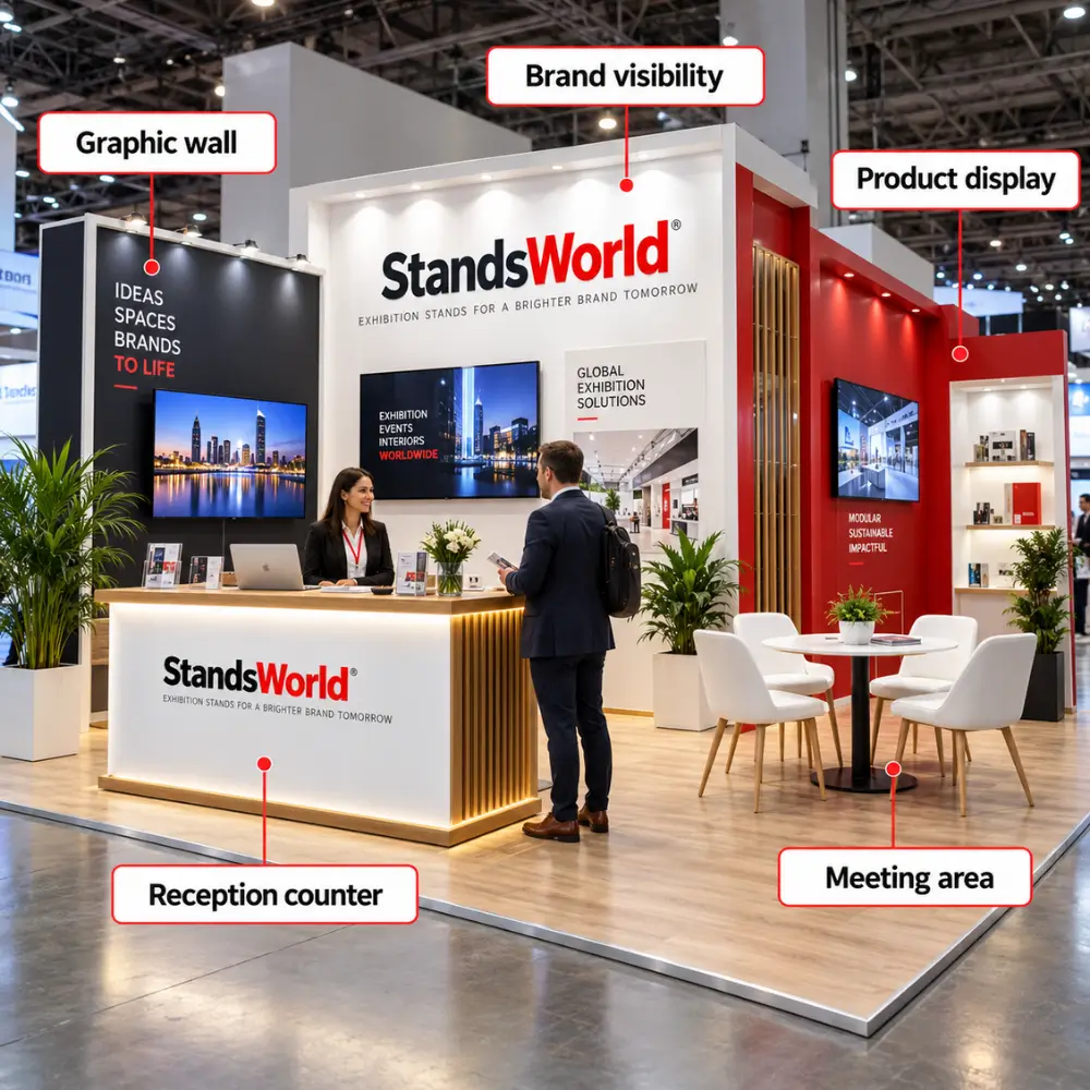 Exhibition booth rental by StandsWorld featuring branded walls, product displays, reception counter and meeting area.